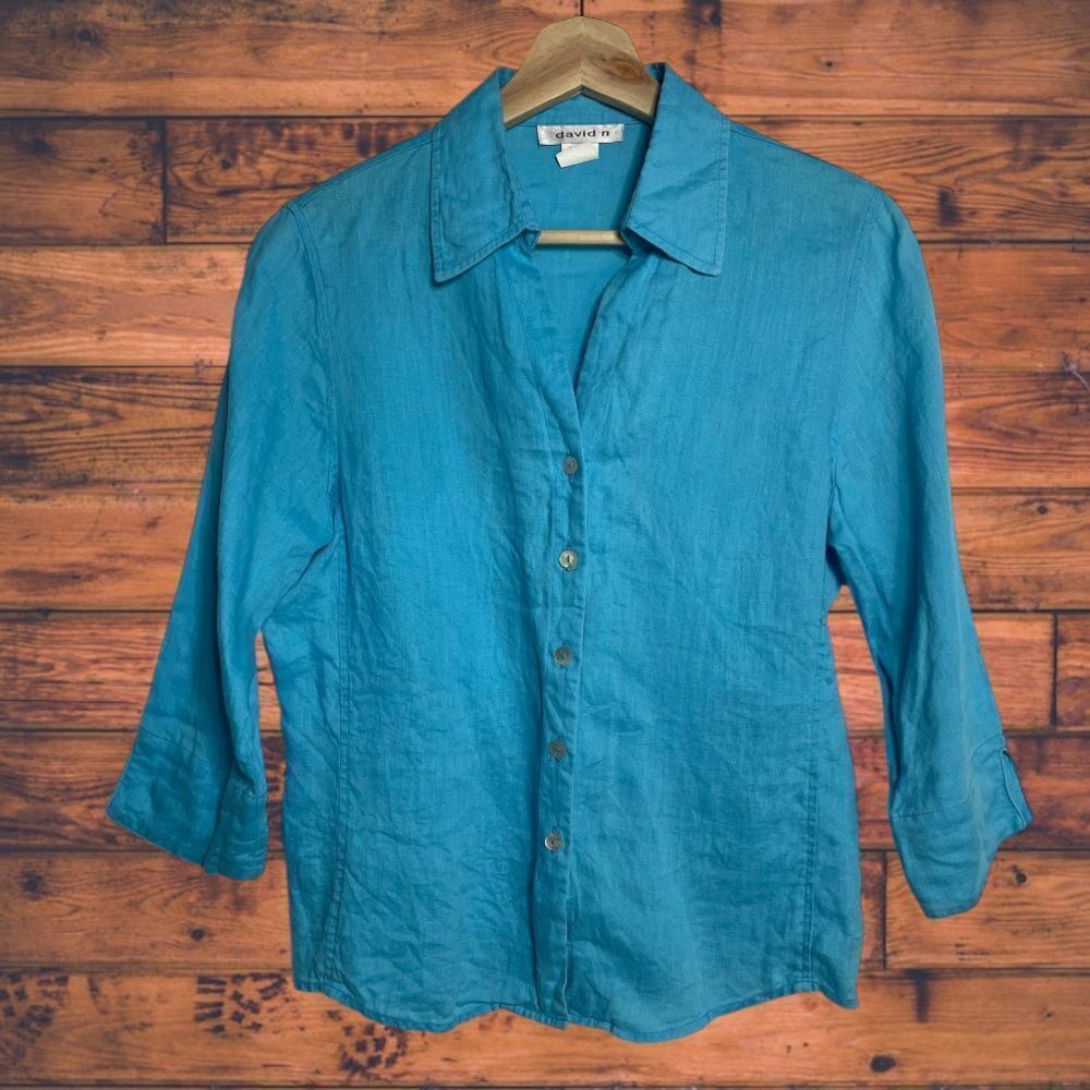 5 for $25🔥VTG David N 100% Hanky Linen Button Front Blue Shirt Medium